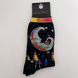 Laurel Burch Socks Black Mystic Moon Stars Trees Artist Sock Size 9-11 NEW